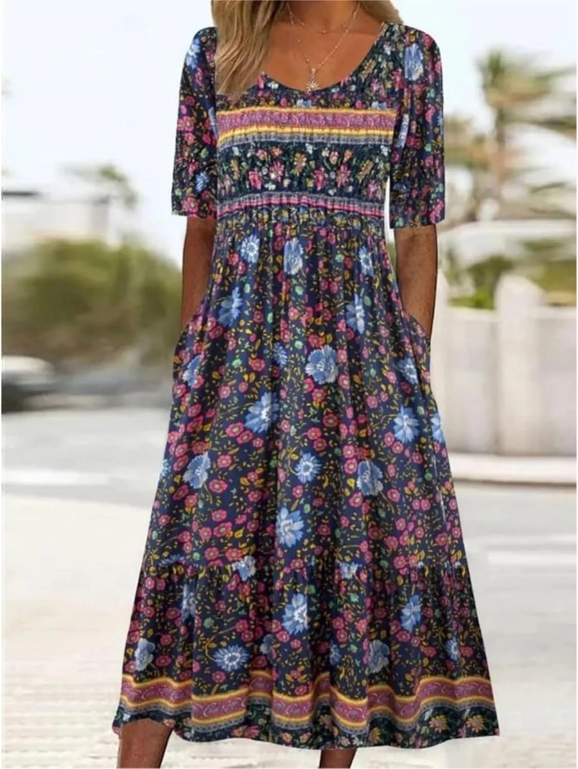 Women's Boho Summer Crewneck Floral Print Midi Tshirt Dress Casual Loose Short Sleeve Beach Dresses with Pockets