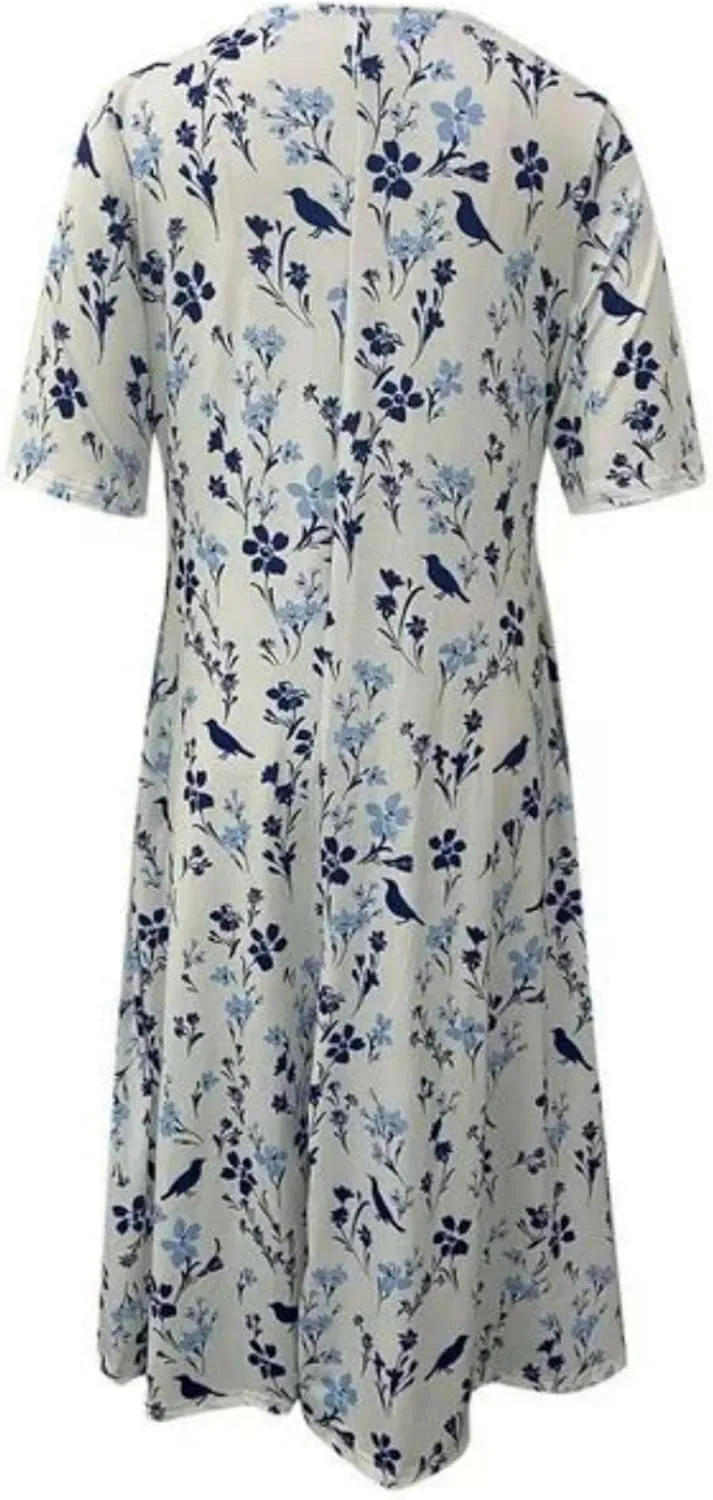 Women's Boho Summer Crewneck Floral Print Midi Tshirt Dress Casual Loose Short Sleeve Beach Dresses with Pockets