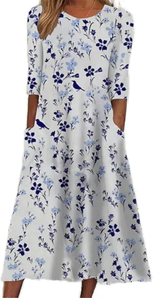 Women's Boho Summer Crewneck Floral Print Midi Tshirt Dress Casual Loose Short Sleeve Beach Dresses with Pockets