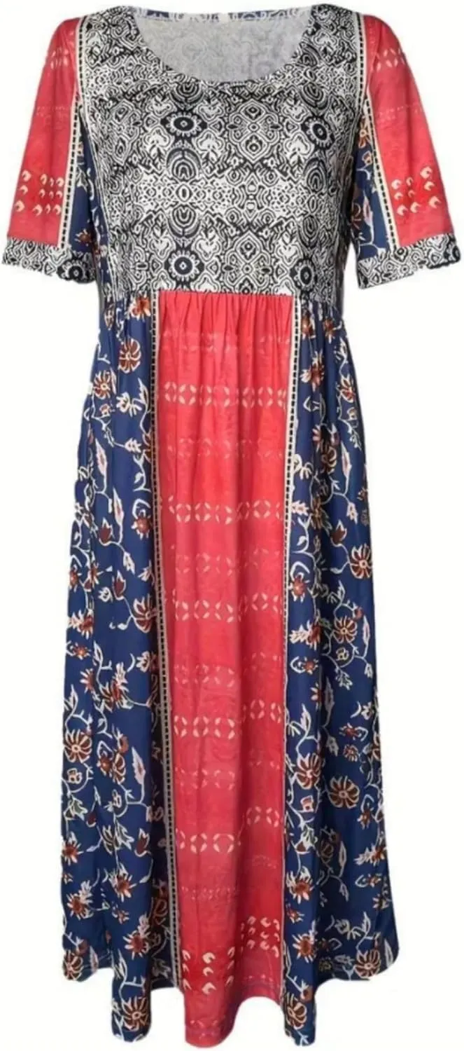 Women's Boho Summer Crewneck Floral Print Midi Tshirt Dress Casual Loose Short Sleeve Beach Dresses with Pockets