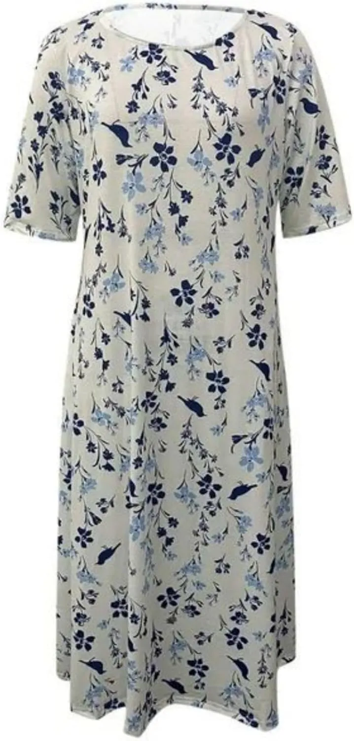 Women's Boho Summer Crewneck Floral Print Midi Tshirt Dress Casual Loose Short Sleeve Beach Dresses with Pockets