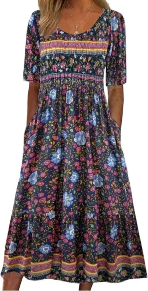 Women's Boho Summer Crewneck Floral Print Midi Tshirt Dress Casual Loose Short Sleeve Beach Dresses with Pockets