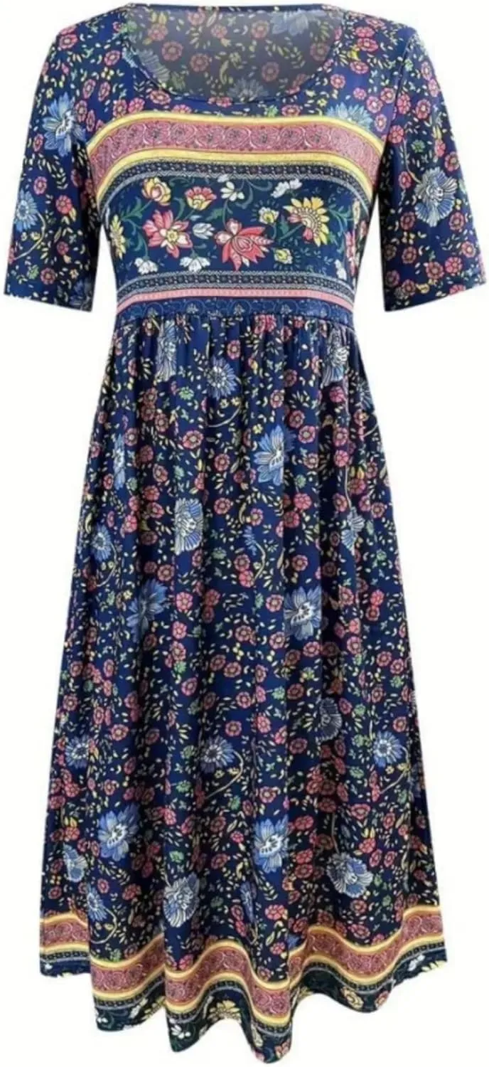 Women's Boho Summer Crewneck Floral Print Midi Tshirt Dress Casual Loose Short Sleeve Beach Dresses with Pockets