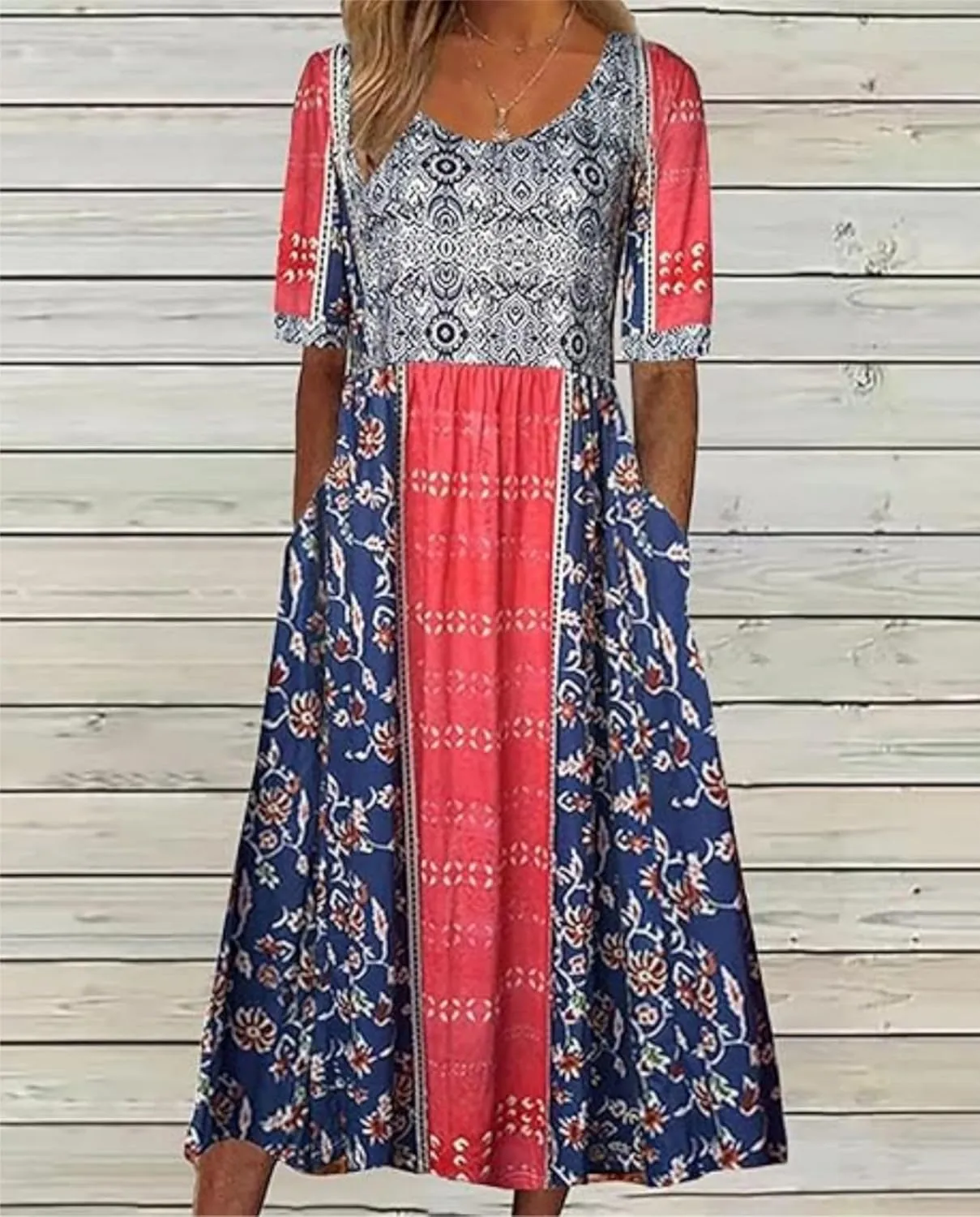 Women's Boho Summer Crewneck Floral Print Midi Tshirt Dress Casual Loose Short Sleeve Beach Dresses with Pockets