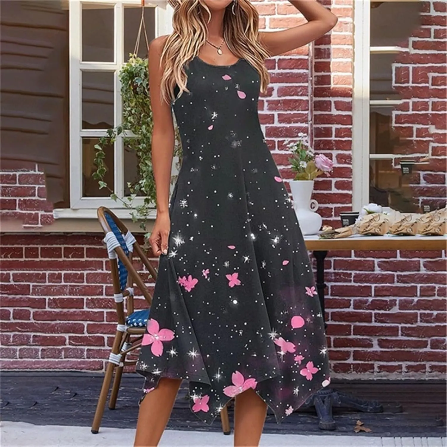 Women's Casual Dresses 2025 Summer Sleeveless Midi Sundress Flowy Ruffle Hem Swing Long Dress Beach Vacation