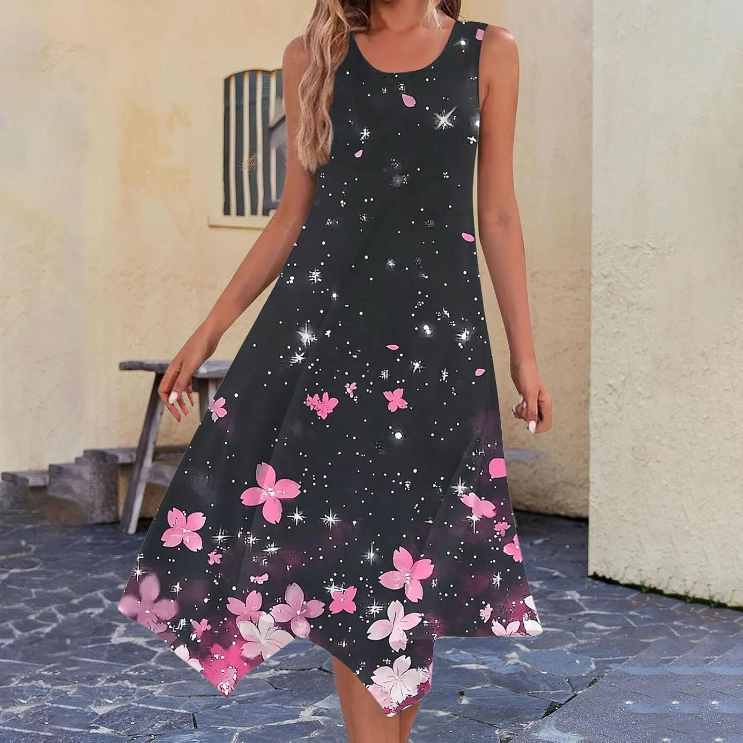 Women's Casual Dresses 2025 Summer Sleeveless Midi Sundress Flowy Ruffle Hem Swing Long Dress Beach Vacation