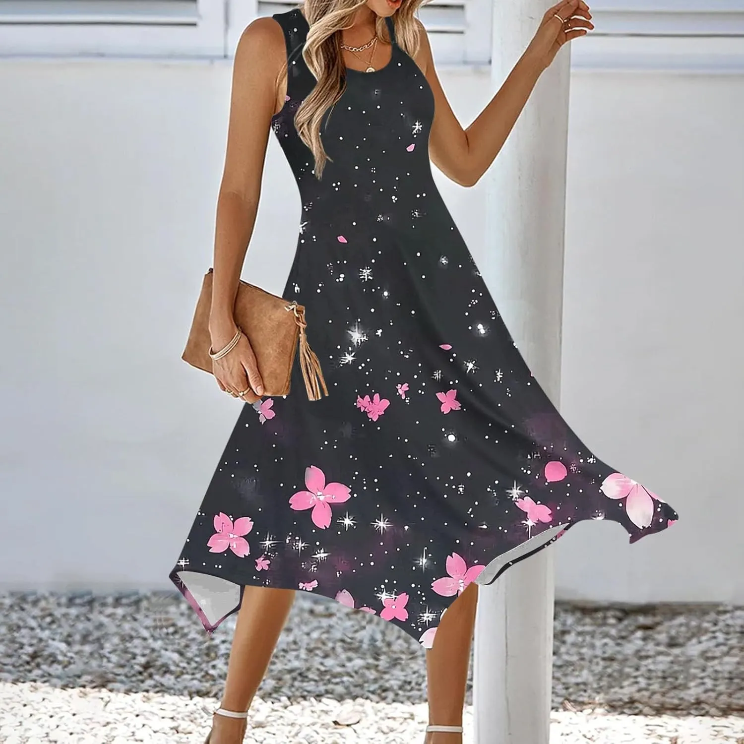 Women's Casual Dresses 2025 Summer Sleeveless Midi Sundress Flowy Ruffle Hem Swing Long Dress Beach Vacation