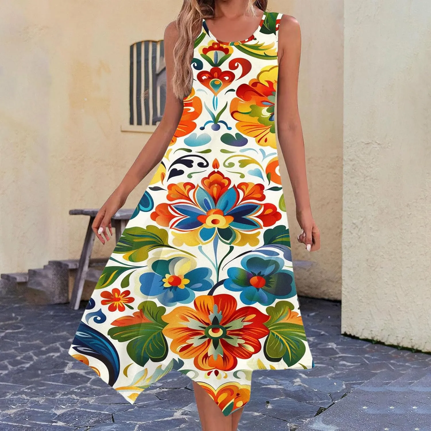 Women's Casual Dresses 2025 Summer Sleeveless Midi Sundress Flowy Ruffle Hem Swing Long Dress Beach Vacation
