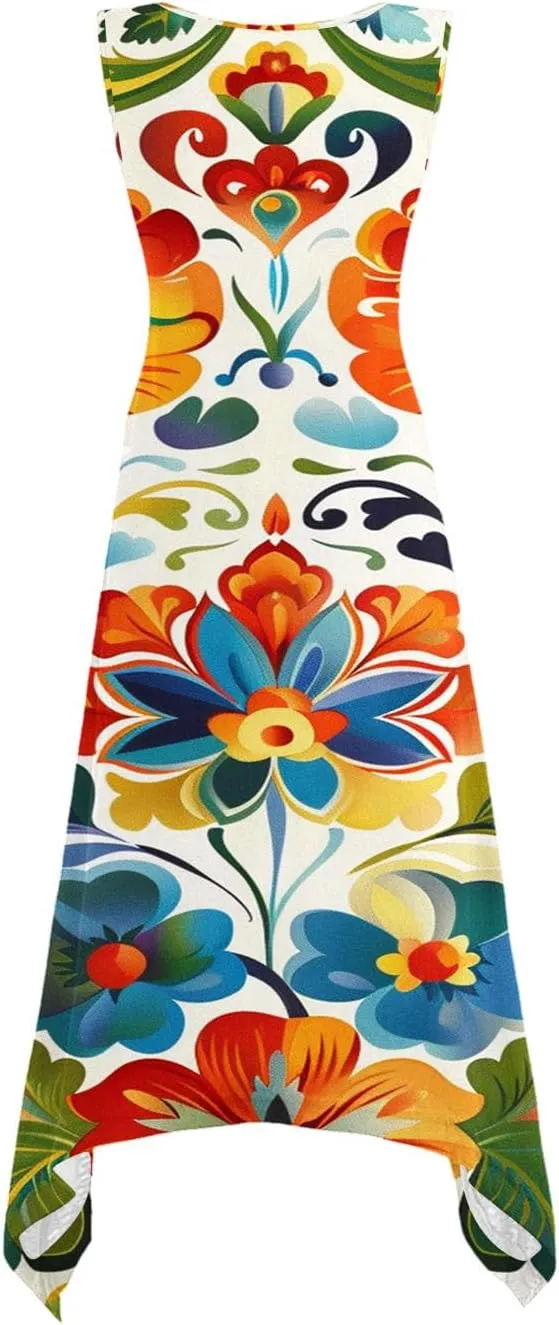 Women's Casual Dresses 2025 Summer Sleeveless Midi Sundress Flowy Ruffle Hem Swing Long Dress Beach Vacation