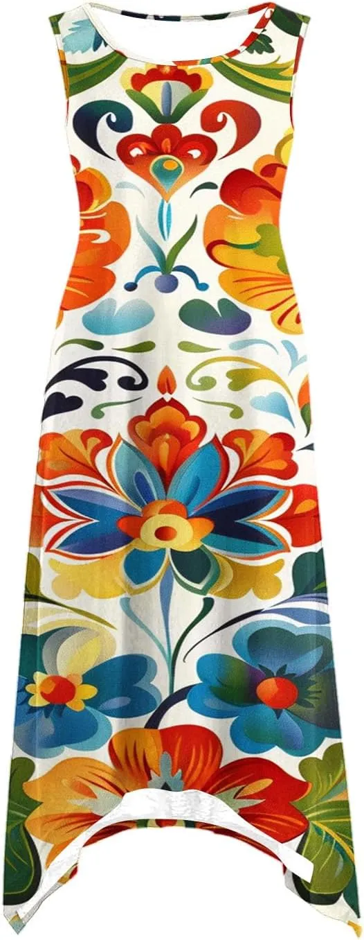 Women's Casual Dresses 2025 Summer Sleeveless Midi Sundress Flowy Ruffle Hem Swing Long Dress Beach Vacation