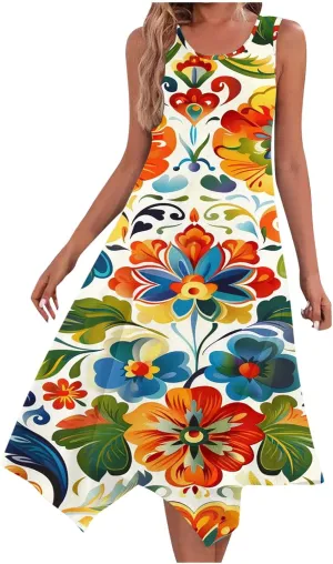 Women's Casual Dresses 2025 Summer Sleeveless Midi Sundress Flowy Ruffle Hem Swing Long Dress Beach Vacation
