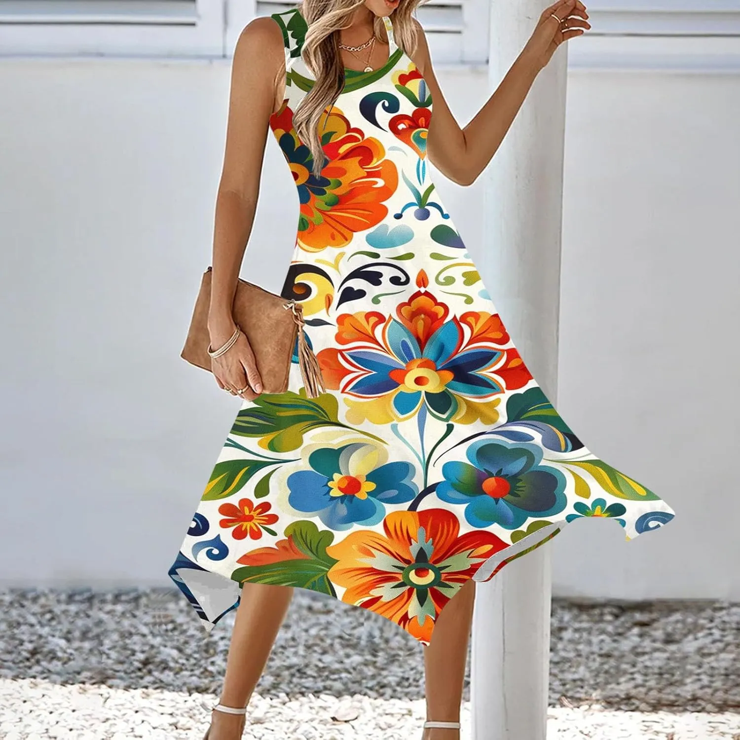 Women's Casual Dresses 2025 Summer Sleeveless Midi Sundress Flowy Ruffle Hem Swing Long Dress Beach Vacation