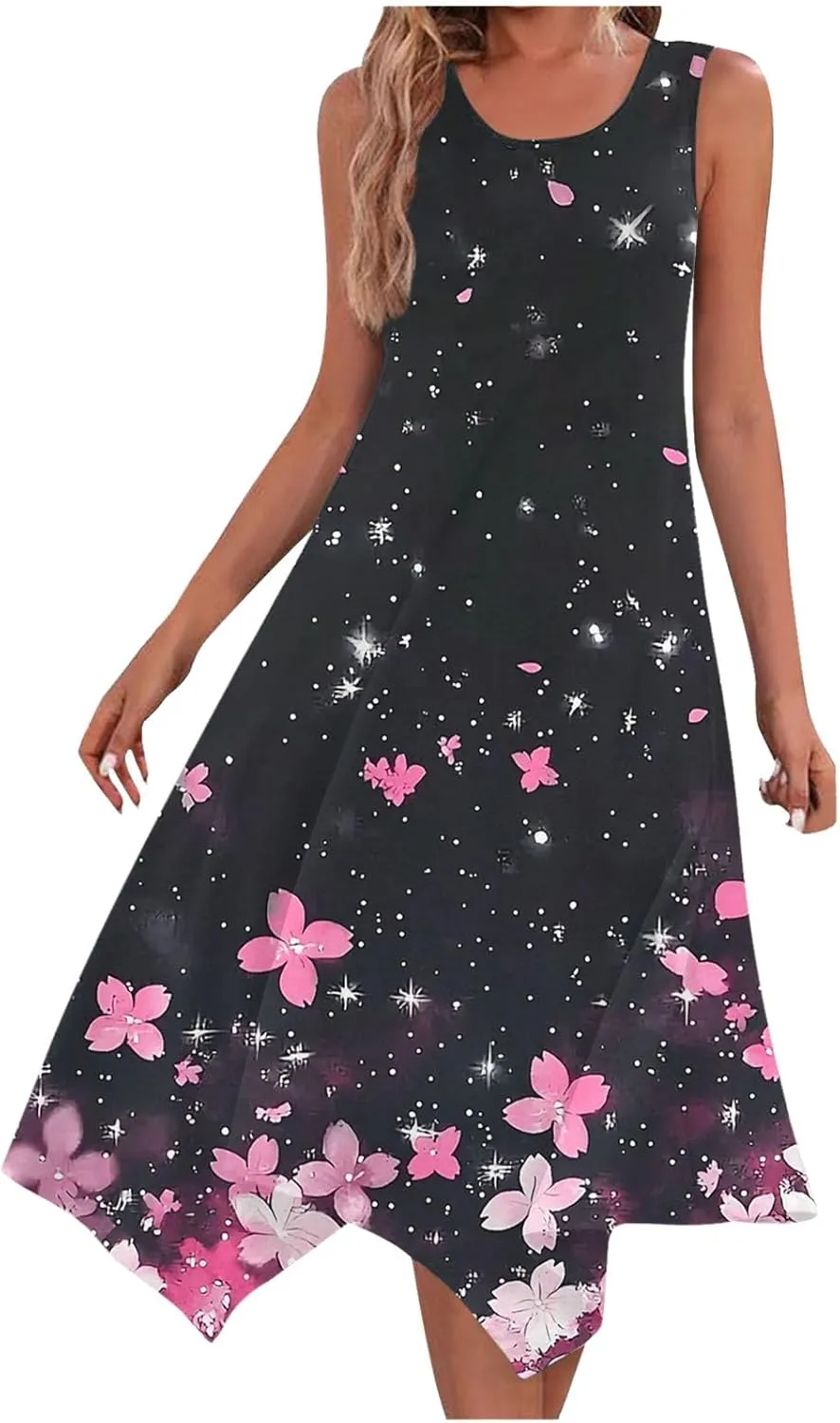 Women's Casual Dresses 2025 Summer Sleeveless Midi Sundress Flowy Ruffle Hem Swing Long Dress Beach Vacation