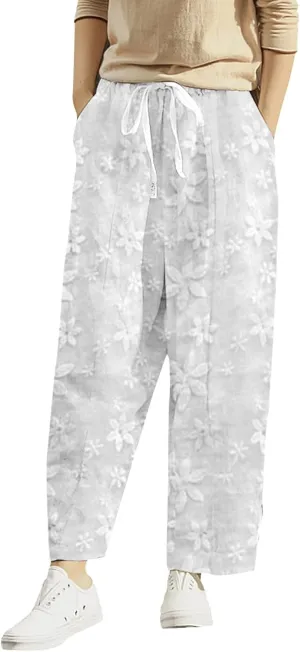 Womens Casual Linen Pants Summer Lace Elastic High Waist Pants Baggy Comfy Soft Vacation Beach Trousers Pockets 2025