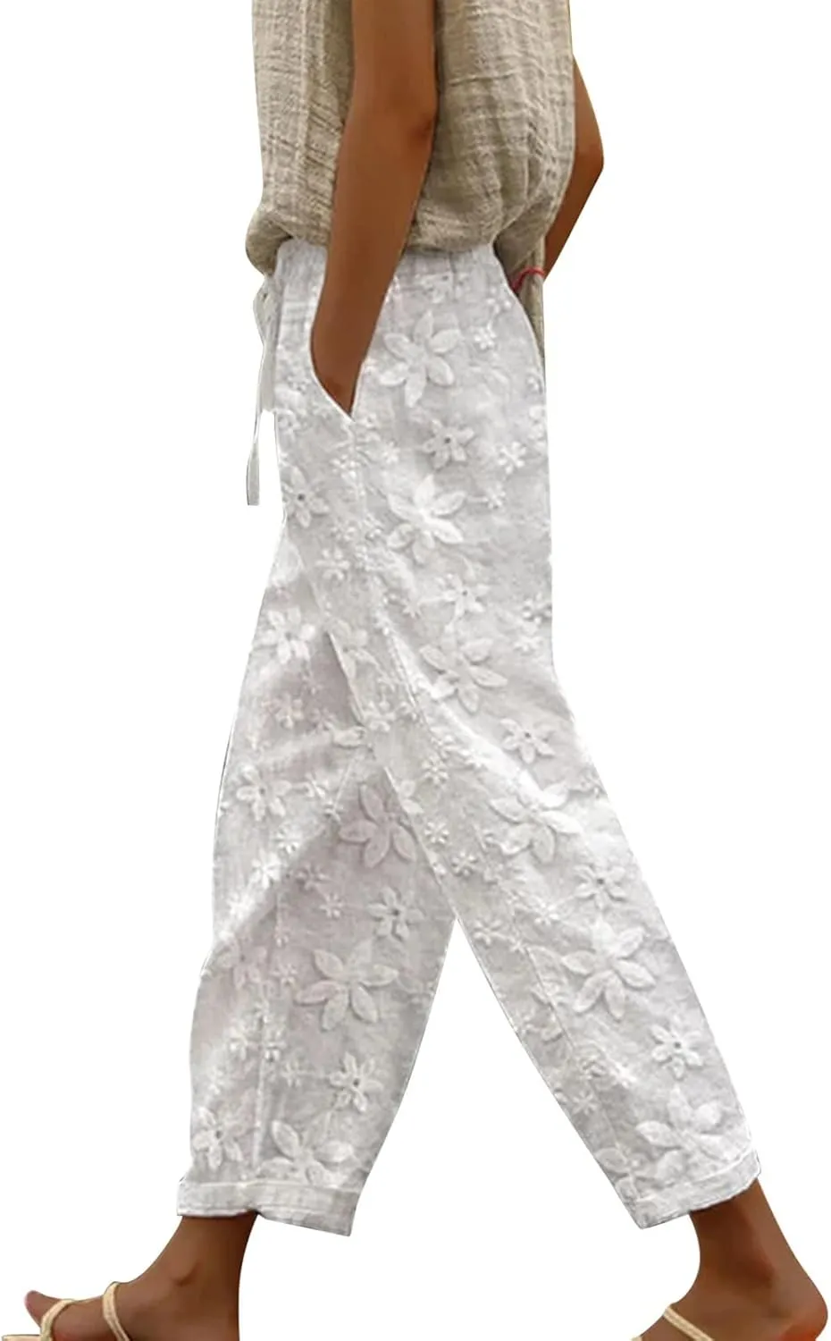 Womens Casual Linen Pants Summer Lace Elastic High Waist Pants Baggy Comfy Soft Vacation Beach Trousers Pockets 2025