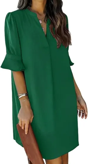 Womens Comfy Ruffle Half Sleeve V-Neck Midi Shirt Dress Casual Loose Plus Size Solid Summer Dresses for Women 2024