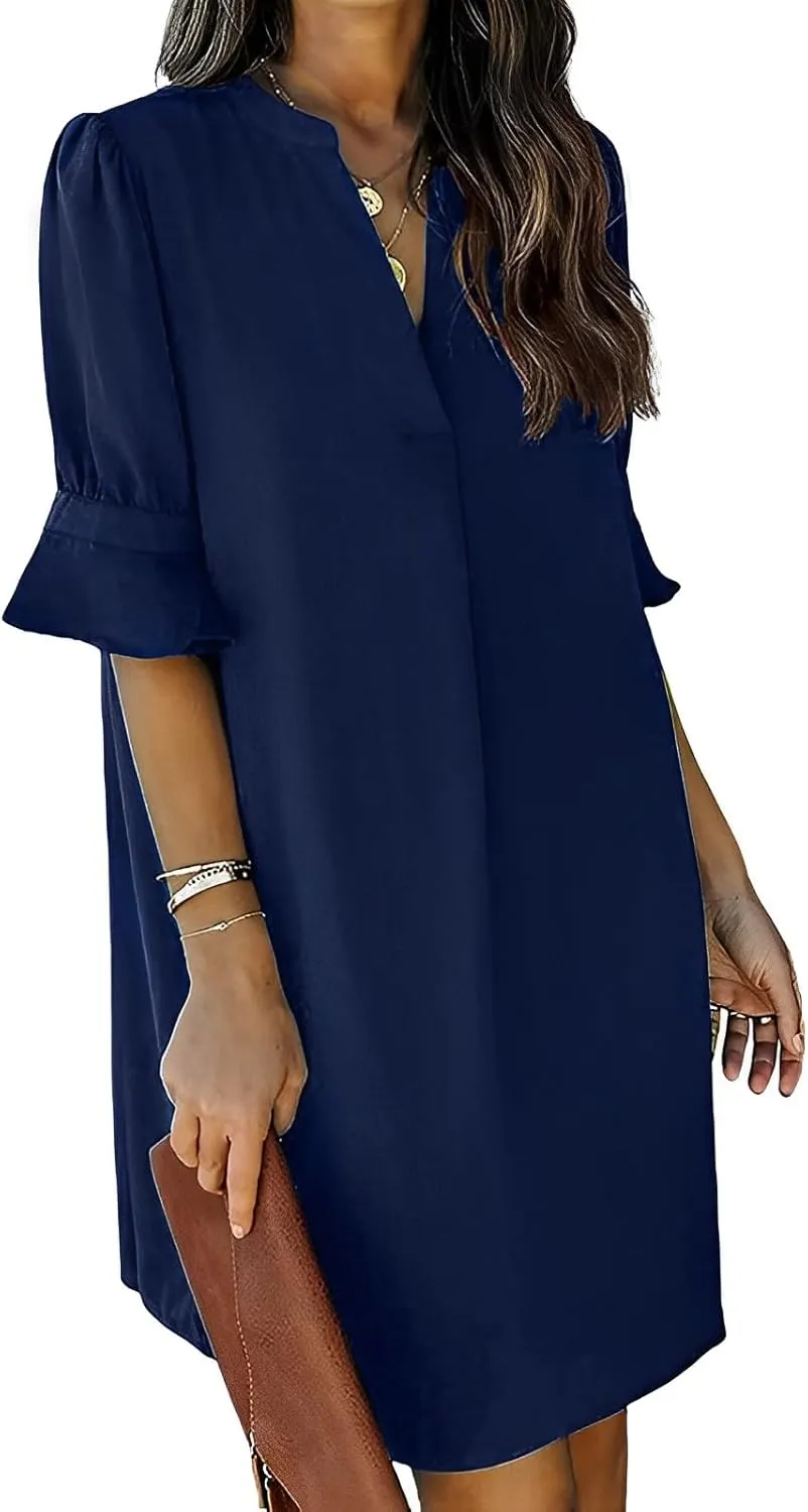 Womens Comfy Ruffle Half Sleeve V-Neck Midi Shirt Dress Casual Loose Plus Size Solid Summer Dresses for Women 2024