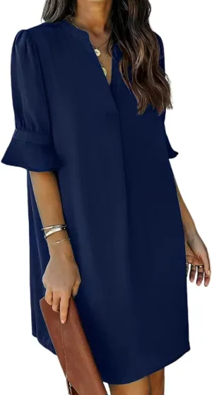 Womens Comfy Ruffle Half Sleeve V-Neck Midi Shirt Dress Casual Loose Plus Size Solid Summer Dresses for Women 2024