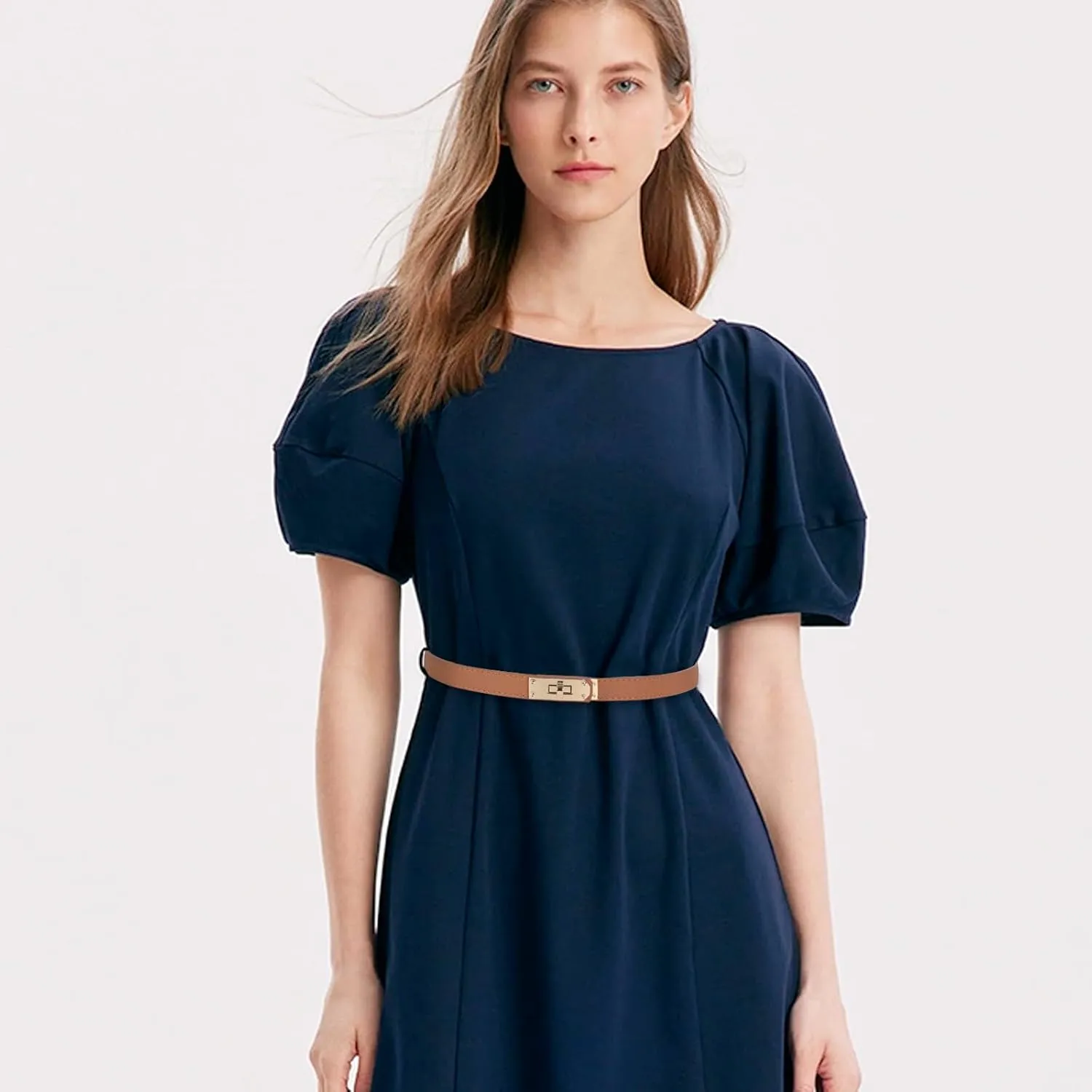 Women's Fashion Classic Metal Buckle Leather Belt with Jeans Dress