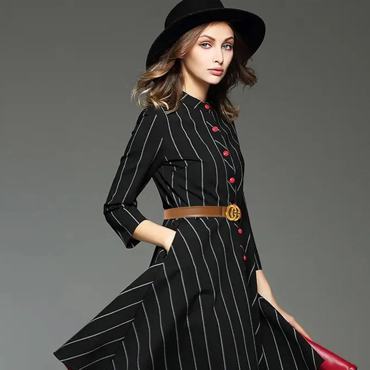 Women's Fashion Classic Metal Buckle Leather Belt with Jeans Dress