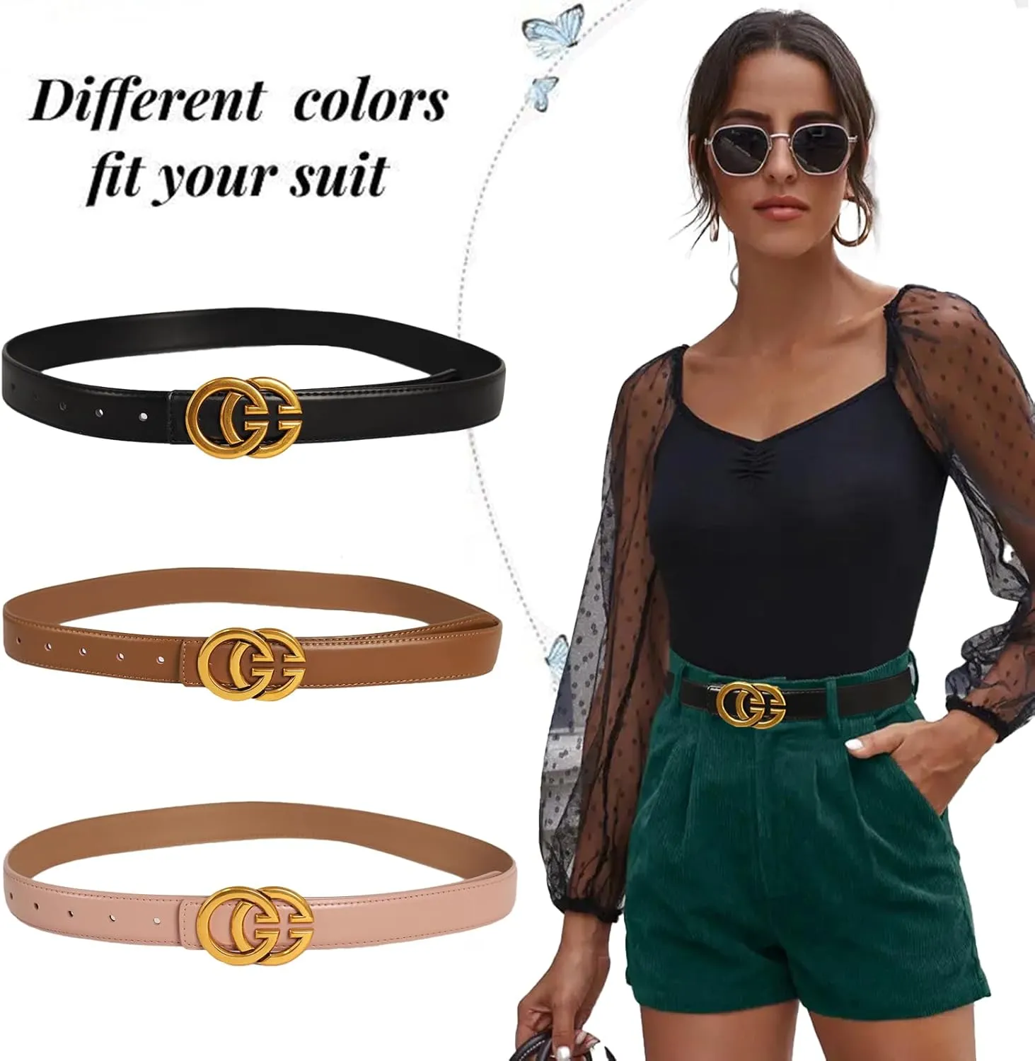 Women's Fashion Classic Metal Buckle Leather Belt with Jeans Dress