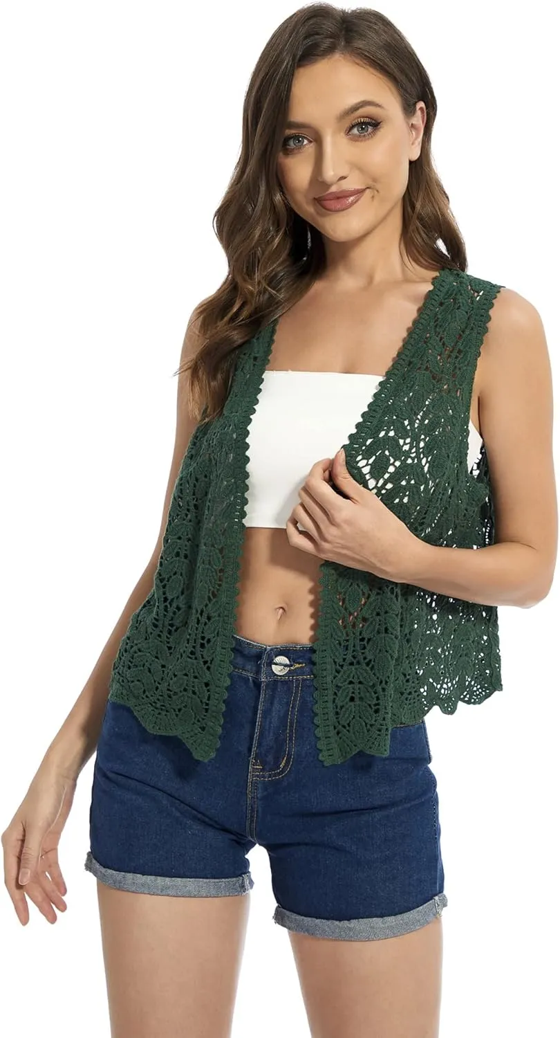 Womens Floral Crochet Lace Trim Sleeveless Open Front Vest Cardigan