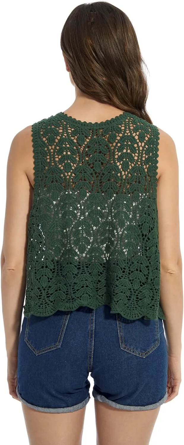 Womens Floral Crochet Lace Trim Sleeveless Open Front Vest Cardigan