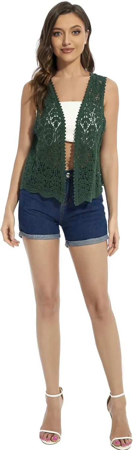 Womens Floral Crochet Lace Trim Sleeveless Open Front Vest Cardigan