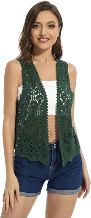 Womens Floral Crochet Lace Trim Sleeveless Open Front Vest Cardigan