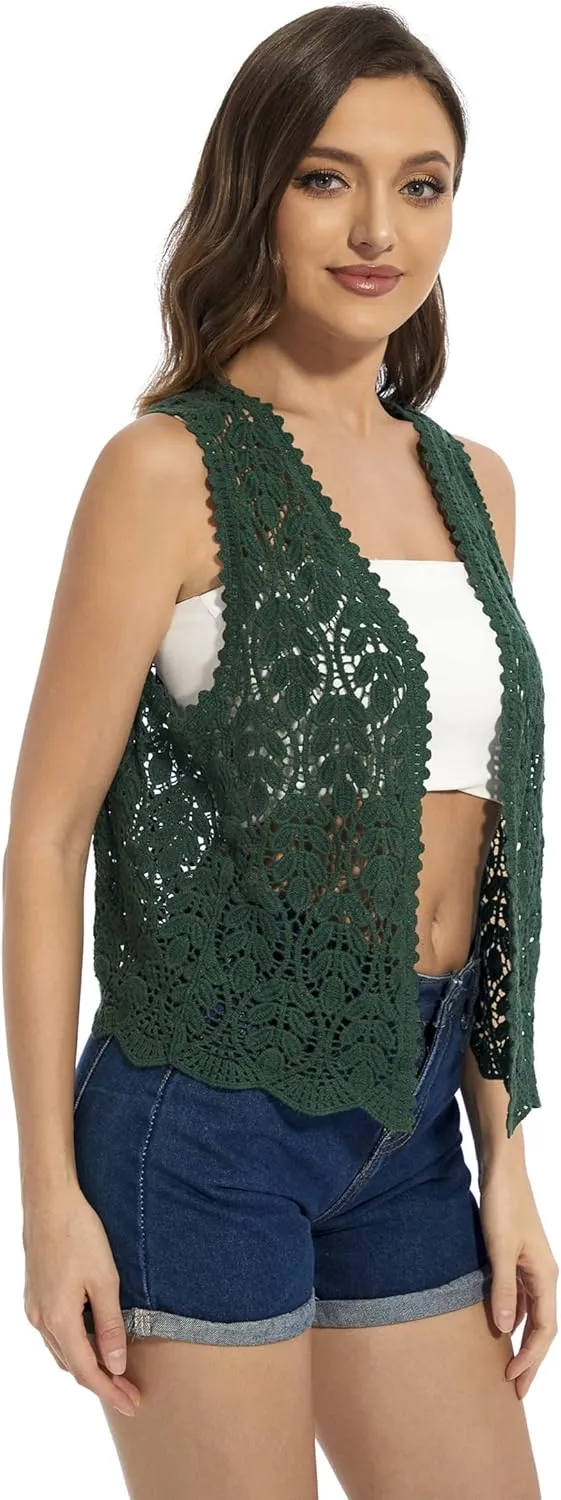Womens Floral Crochet Lace Trim Sleeveless Open Front Vest Cardigan