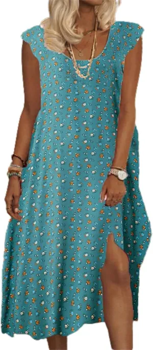 Women's Oversized Boho Disty Floral Sun Dresses Flowy Summer Casual Loose Sleeveless Midi Dress Sundress with Pockets