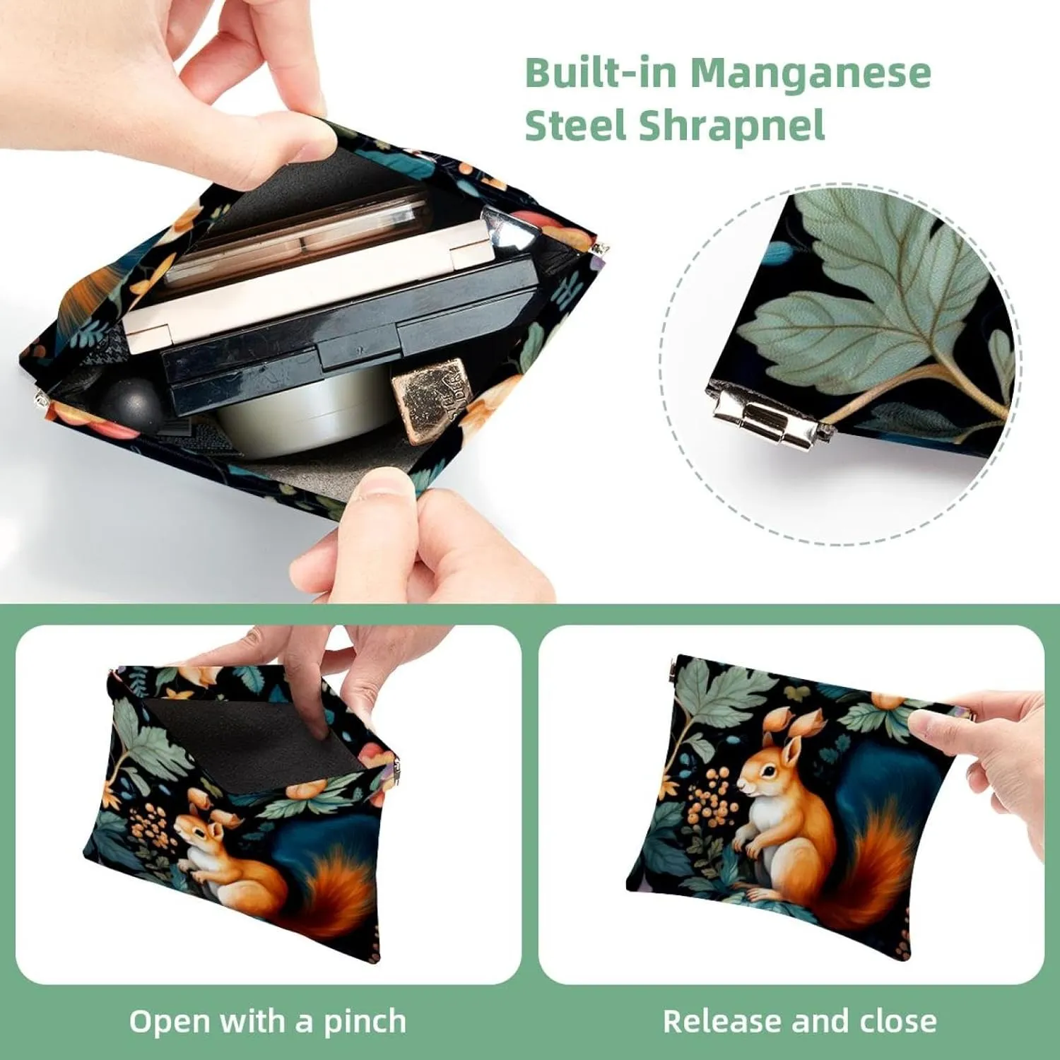Womens Pocket Cosmetic Bags, Waterproof Leather Makeup Bag No Zipper Self-Closing Makeup Pouch for Girls, Mini Bag for Purse - Cute Squirrel and Chestnut-202