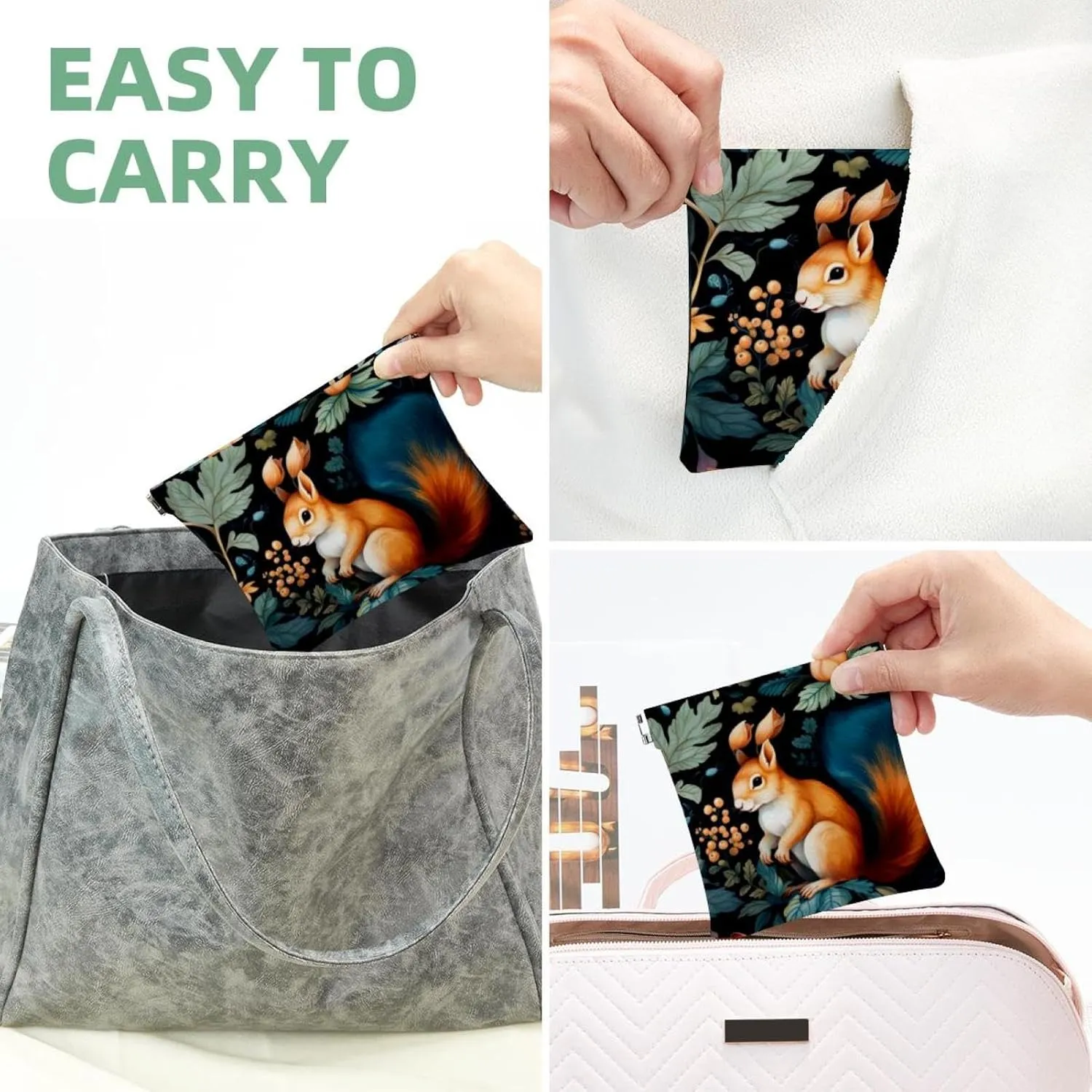 Womens Pocket Cosmetic Bags, Waterproof Leather Makeup Bag No Zipper Self-Closing Makeup Pouch for Girls, Mini Bag for Purse - Cute Squirrel and Chestnut-202