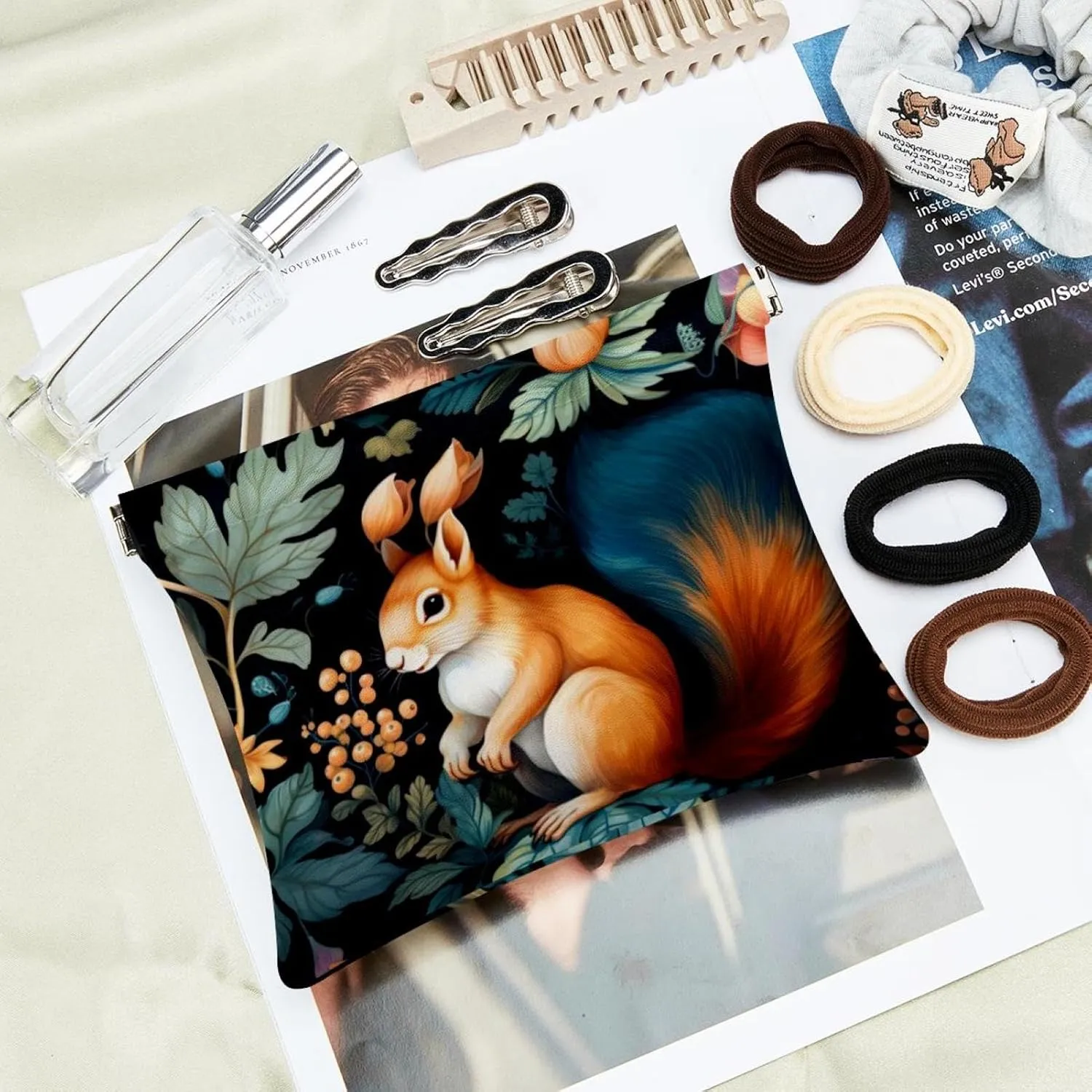 Womens Pocket Cosmetic Bags, Waterproof Leather Makeup Bag No Zipper Self-Closing Makeup Pouch for Girls, Mini Bag for Purse - Cute Squirrel and Chestnut-202