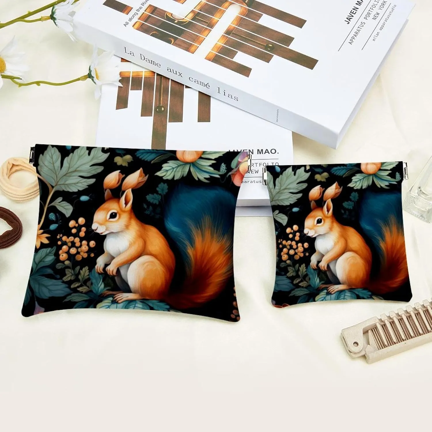 Womens Pocket Cosmetic Bags, Waterproof Leather Makeup Bag No Zipper Self-Closing Makeup Pouch for Girls, Mini Bag for Purse - Cute Squirrel and Chestnut-202