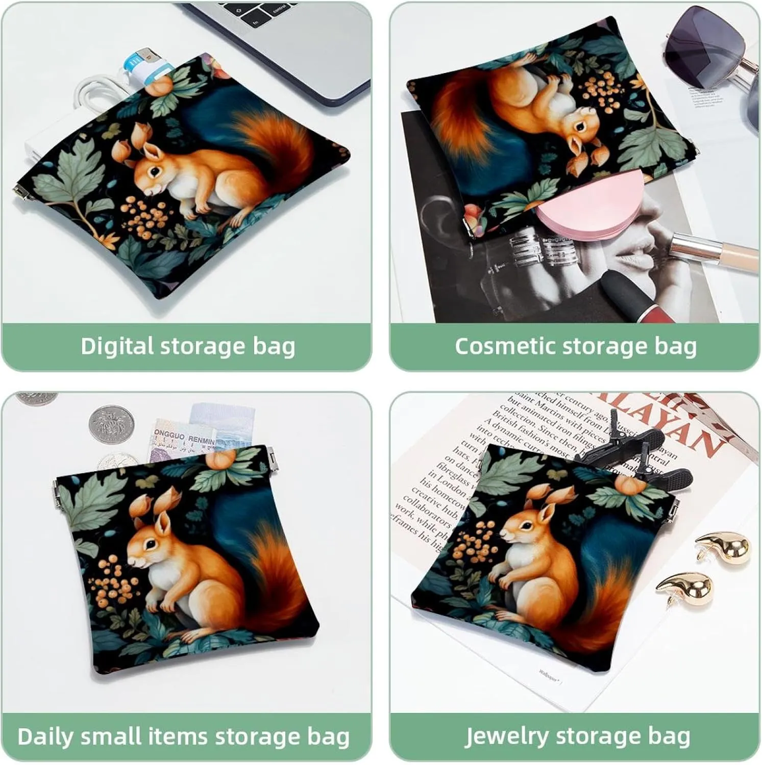 Womens Pocket Cosmetic Bags, Waterproof Leather Makeup Bag No Zipper Self-Closing Makeup Pouch for Girls, Mini Bag for Purse - Cute Squirrel and Chestnut-202