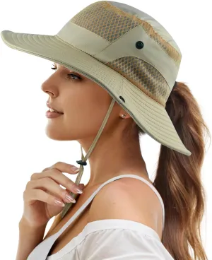 Womens Ponytail Sun Hat Wide Brim Mesh Bucket Hat UV UPF50 Protection Hat Foldable Summer Travel Beach Fishing Hats