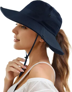Womens Ponytail Sun Hat Wide Brim Mesh Bucket Hat UV UPF50 Protection Hat Foldable Summer Travel Beach Fishing Hats