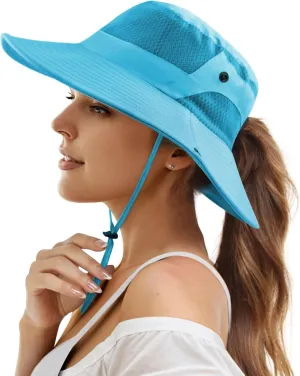 Womens Ponytail Sun Hat Wide Brim Mesh Bucket Hat UV UPF50 Protection Hat Foldable Summer Travel Beach Fishing Hats