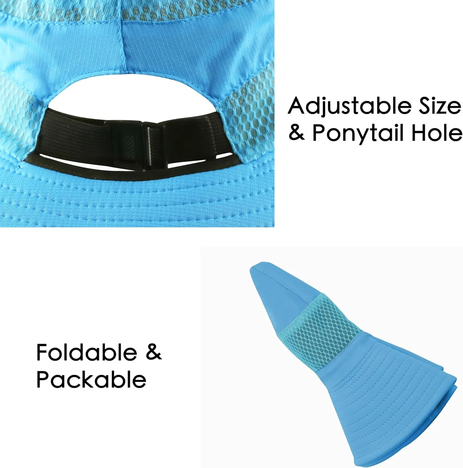 Womens Ponytail Sun Hat Wide Brim Mesh Bucket Hat UV UPF50 Protection Hat Foldable Summer Travel Beach Fishing Hats