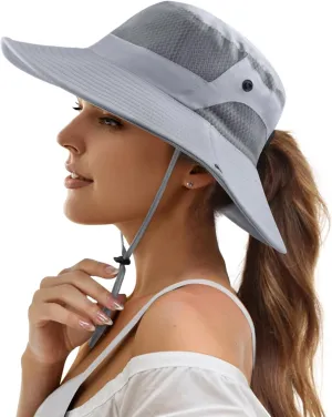 Womens Ponytail Sun Hat Wide Brim Mesh Bucket Hat UV UPF50 Protection Hat Foldable Summer Travel Beach Fishing Hats
