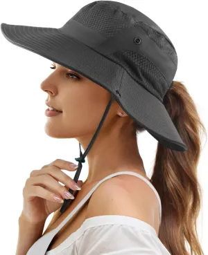 Womens Ponytail Sun Hat Wide Brim Mesh Bucket Hat UV UPF50 Protection Hat Foldable Summer Travel Beach Fishing Hats