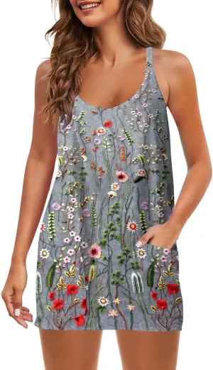 Womens Summer Dresses 2025 Trendy Boho Floral Print Cute Sundress Oversized Sleeveless Sexy Beach Vacation Mini Dress