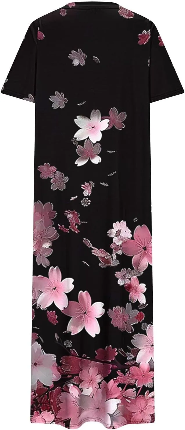 Womens Summer Dresses Casual Boho Floral Print Short Sleeve Midi Sundress Loose Fit Fashion Dress with Pockets