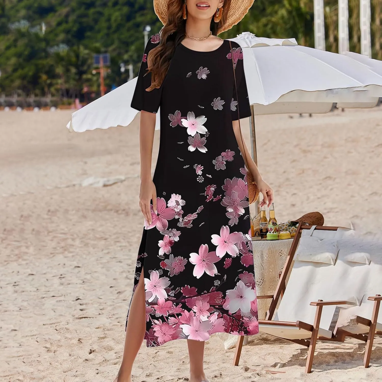 Womens Summer Dresses Casual Boho Floral Print Short Sleeve Midi Sundress Loose Fit Fashion Dress with Pockets