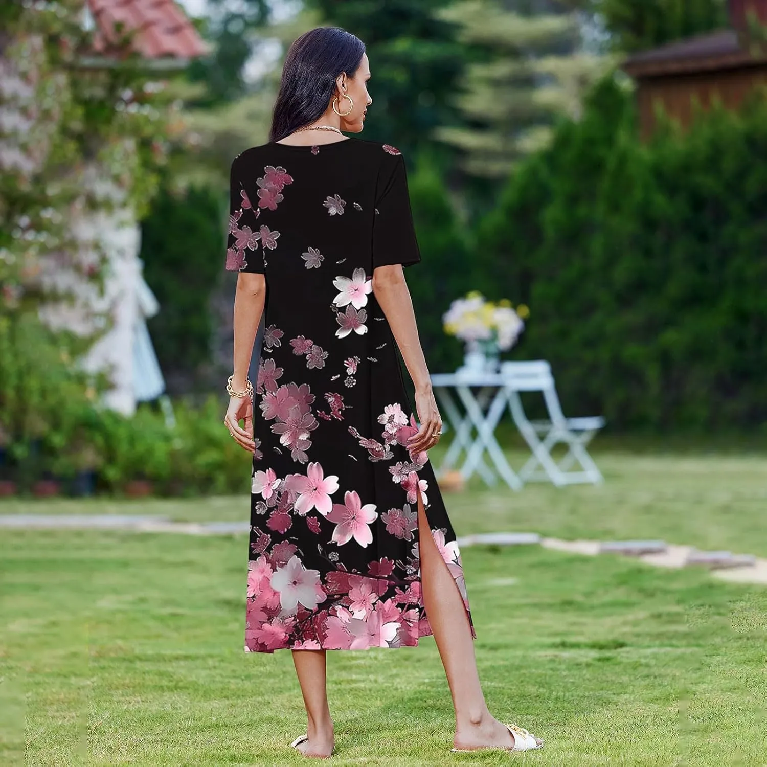 Womens Summer Dresses Casual Boho Floral Print Short Sleeve Midi Sundress Loose Fit Fashion Dress with Pockets