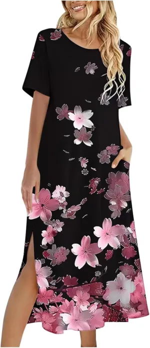 Womens Summer Dresses Casual Boho Floral Print Short Sleeve Midi Sundress Loose Fit Fashion Dress with Pockets