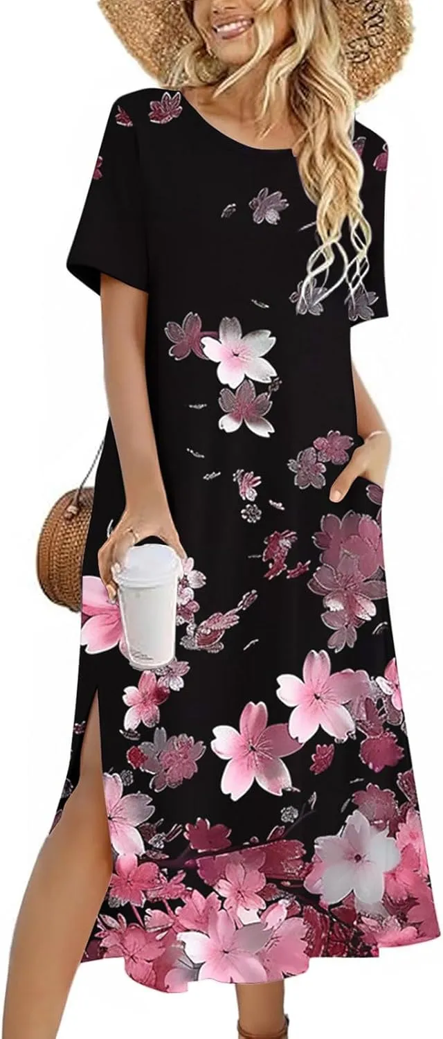 Womens Summer Dresses Casual Boho Floral Print Short Sleeve Midi Sundress Loose Fit Fashion Dress with Pockets