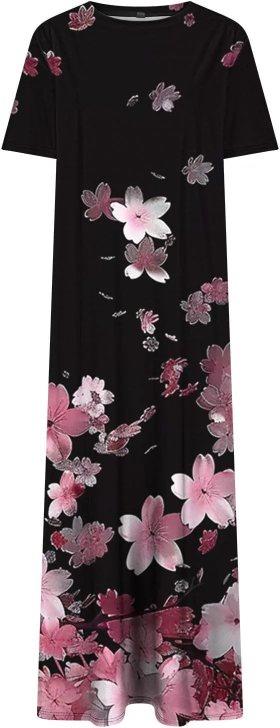 Womens Summer Dresses Casual Boho Floral Print Short Sleeve Midi Sundress Loose Fit Fashion Dress with Pockets