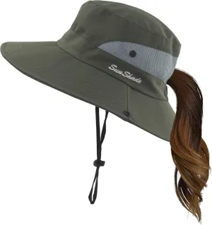 Womens Summer Sun Hat Wide Brim Outdoor UV Protection Hat Foldable Ponytail Bucket Cap for Beach Fishing Hiking